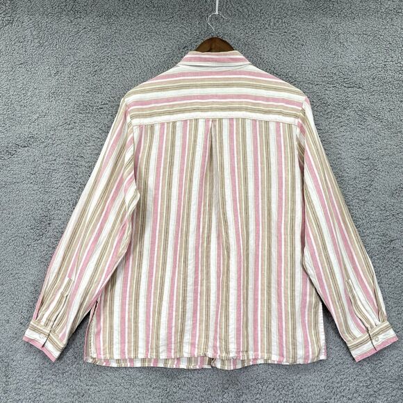 Chadwick's Button Up Top Women 14 Pink Brown Striped Long Sleeve 100% Linen T86 - Picture 9 of 14